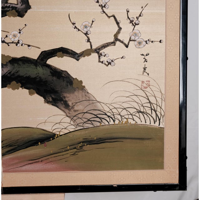 Japanese Mid-20th Century Byobu Japanese Hand Painted Silk "Ancient Tree in Winter" 4-Panel Folding Screen Very Good + Front & Good + Back For Sale - Image 3 of 11