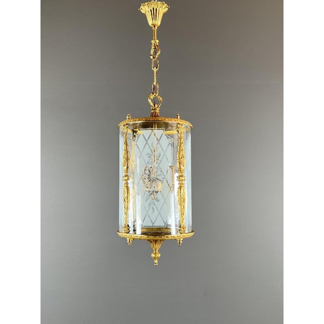 Metal 20th Century Louis XVI Style Lantern in Gilt Bronze and Engraved Glass For Sale - Image 7 of 12