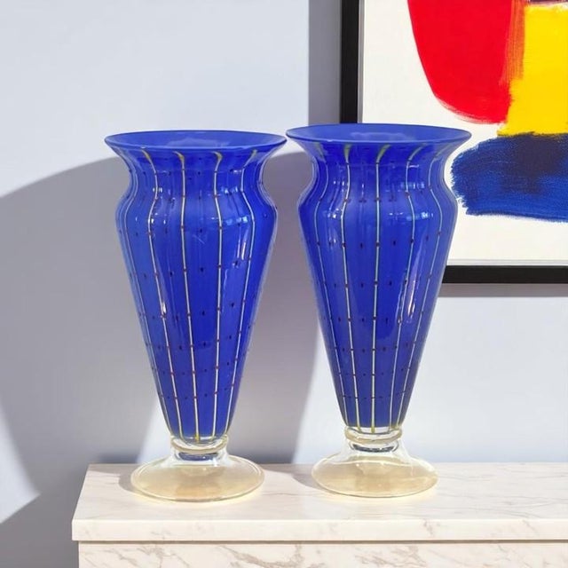 Pair of Vintage Handblown Italian Royal Blue Ribbed Dotted Stripe Art Glass Mantle Vases For Sale - Image 12 of 12