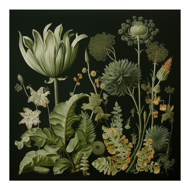20' X 20' Original Watercolor Botanical Fine Art Print - Dark Green, Unframed For Sale