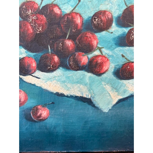 Vintage Still Life Oil Painting With Cherries Blue Signed Ivanisevic For Sale - Image 11 of 12