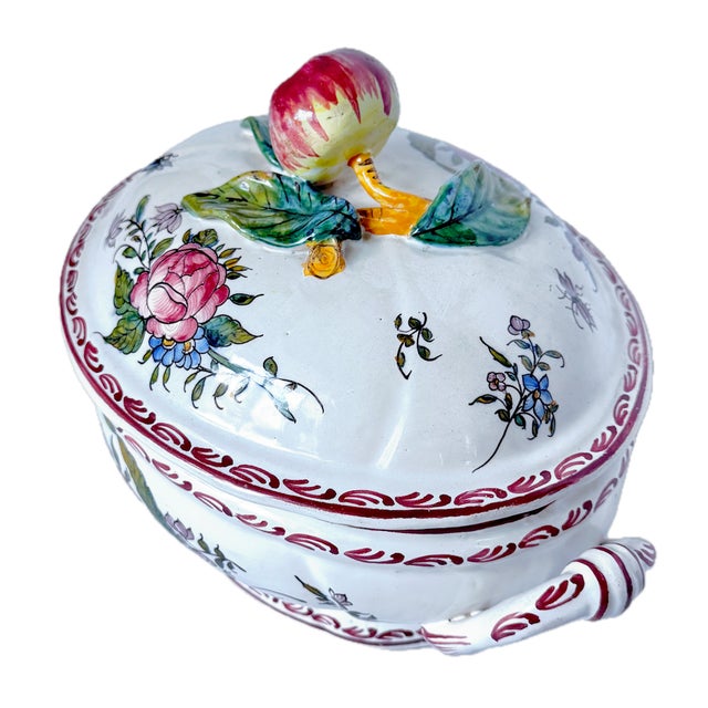 French Vintage hand-painted fruit and floral lidded tureen with handles. Top of lid had fruit in relief. Hand-painted...