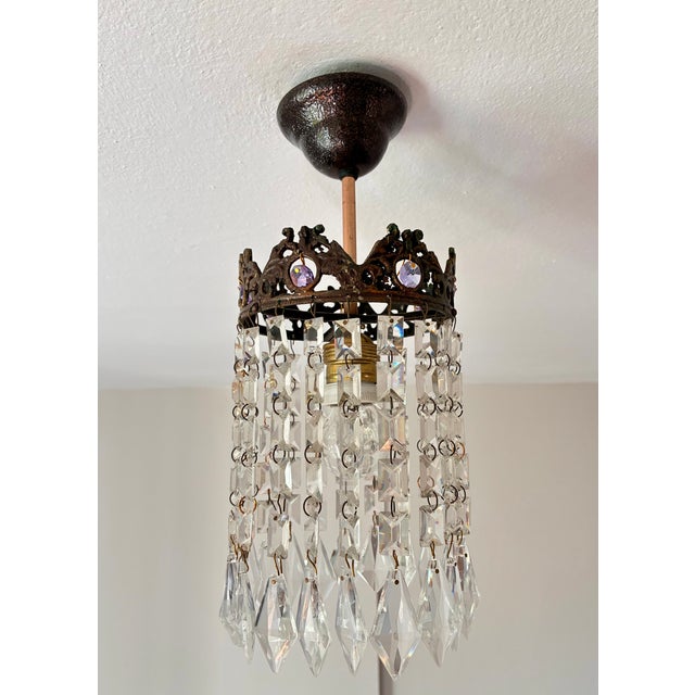 Small Vintage Crystal Chandelier – Bronze Filigree Crown & Amethyst Glass Accents For Sale - Image 14 of 18