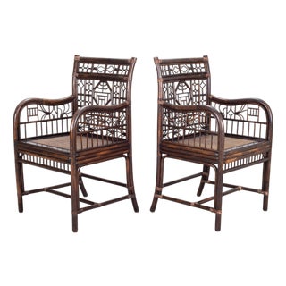 Pair of McGuire Chinese Chippendale Rattan Fretwork Armchairs For Sale