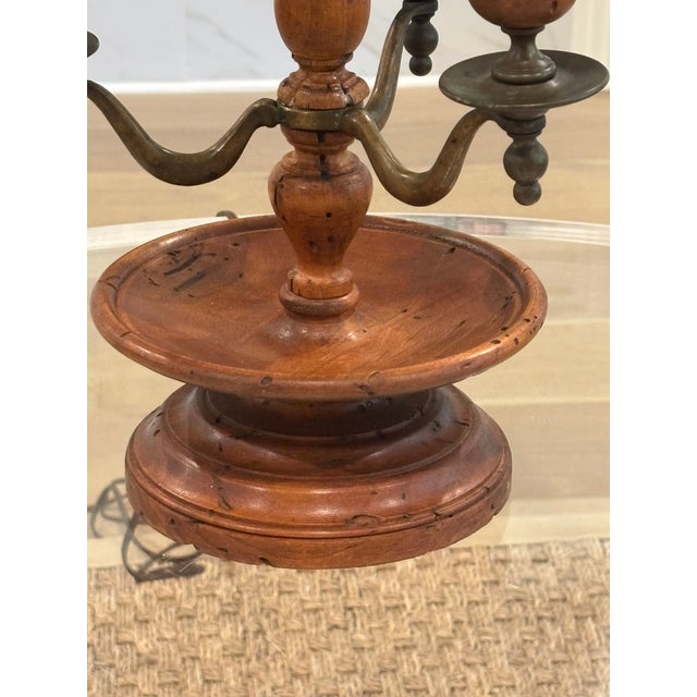 Vintage Italian Turned Wood Three-Arm Candelabra / Bouillotte Lamp For Sale - Image 4 of 18