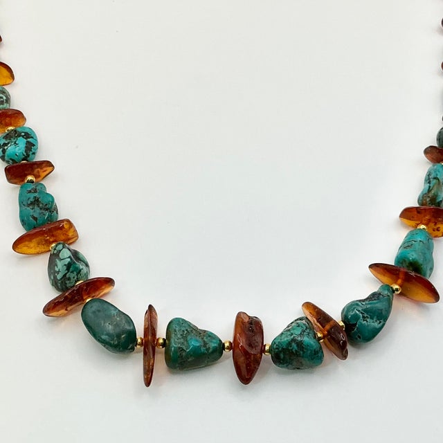 1980s Vintage Boho Chic Baltic Amber & Faux Turquoise Nugget Beaded Necklace - 26” For Sale - Image 9 of 11