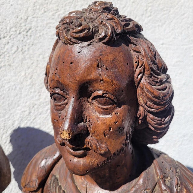 Carved Reliquary Busts, 17th Century, Walnut, Set of 2 For Sale - Image 14 of 17