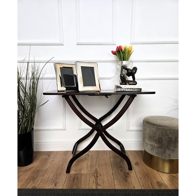 Beautiful antique English mahogany folding campaign countryside coaching or field table with elegant serpentine shaped...