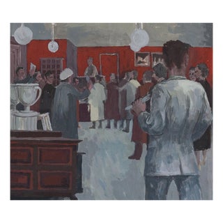 Art and Antiques Auction Scene, Gouache Painting, 1960s For Sale
