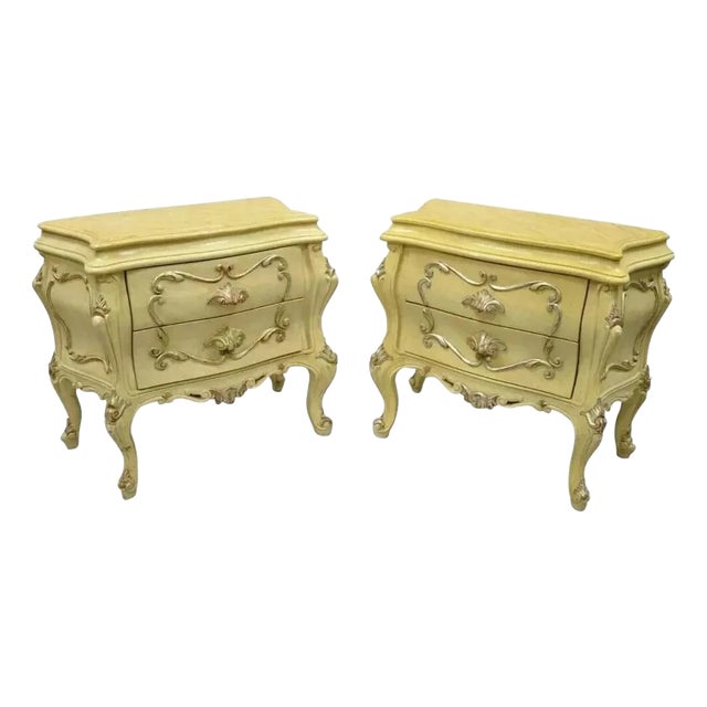 Italian Rococo Cream Lacquer 2 Drawer Nightstands Bombe Bedside Commode - A Pair For Sale