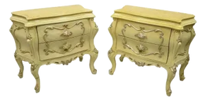 Italian Rococo Cream Lacquer 2 Drawer Nightstands Bombe Bedside Commode - A Pair