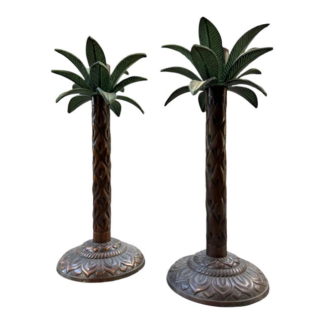 Vintage Palm Tree Candle Holder Pair | Antiqued Metal & Green Patina | Hollywood Regency Style For Sale