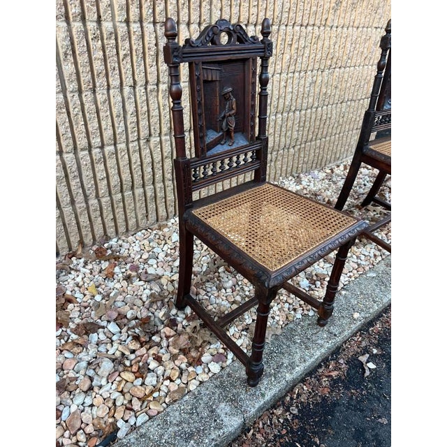 Early 20th Century Early 20th Century Pair of Antique French Renaissance Style Carved Cane Seat Brittany Side Chairs For Sale - Image 5 of 12