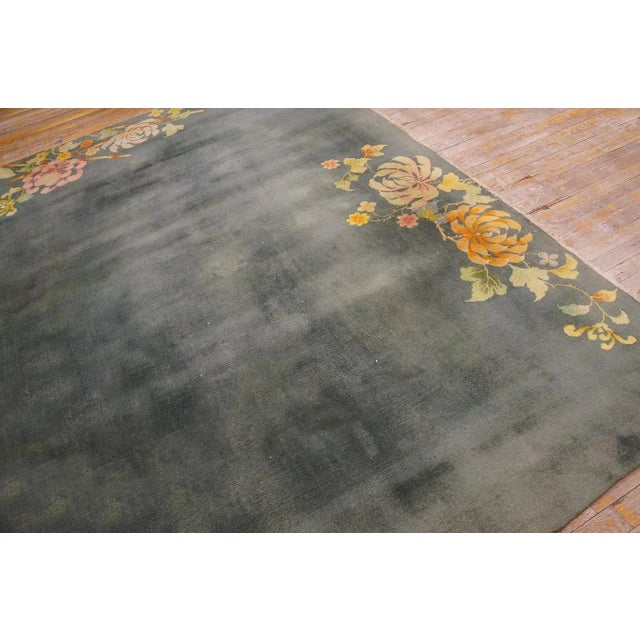 Asparagus 1930s Green Floral Minimalist Antique Chinese Art Deco Carpet 8'10" X 11'7" Knotted Wool Rug For Sale - Image 8 of 11