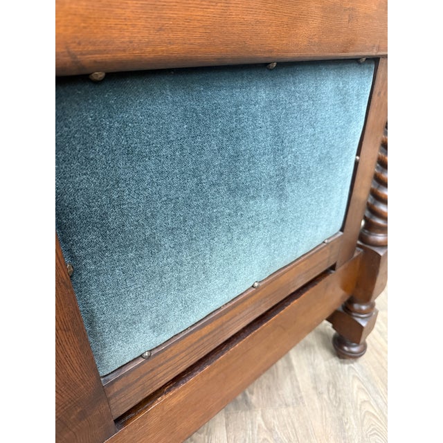 Antique Jacobean Revival Blue Velvet Upholstered Oak Hall Settee Daybed Bench For Sale - Image 15 of 18