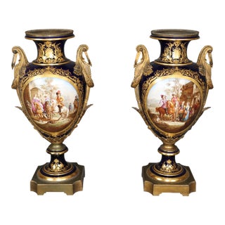 Rare Pair of Palatial Sevres 1900s Era Sevres Figural Painted Urns For Sale