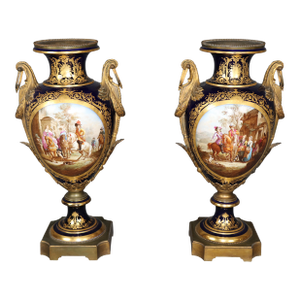 Rare Pair of Palatial Sevres 1900s Era Sevres Figural Painted Urns