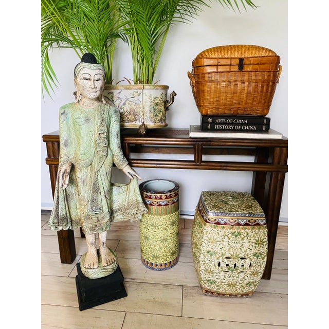 Wood Chinese Early 20th Century Elmwood Console Table With Woven Top Inset For Sale - Image 7 of 8