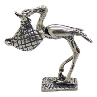 Vintage Italian Silver Stork with Baby Figurine, 1980s For Sale