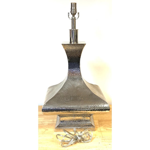 Silver Late 20th Century Monumental Hand-Hammered Silver-Plated Modernist Table Lamps - a Pair For Sale - Image 8 of 18