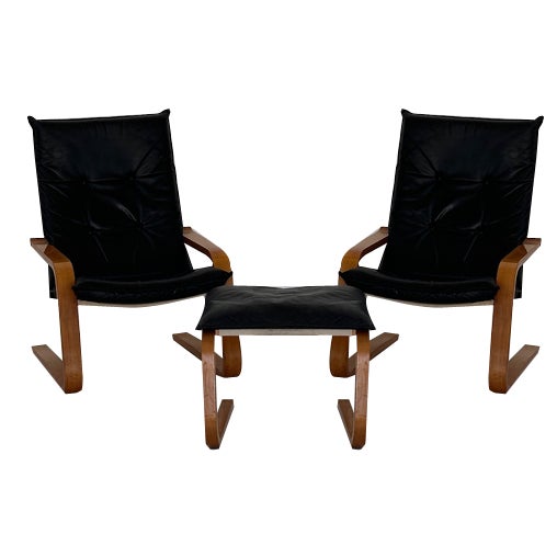 Vintage Leather Armchairs and Pouf, 1970s, Set of 3 For Sale