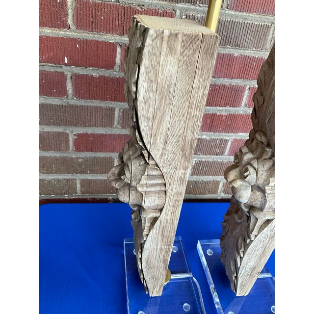 Pair Antique Carved Oak Architectural Fragment Table Lamps W/ Lucite Bases For Sale - Image 11 of 12