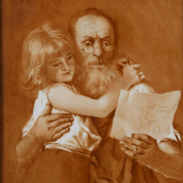 This Antique Painting on a Porcelain Plaque of a Man and Child captures a heartwarming moment between an elderly bearded...