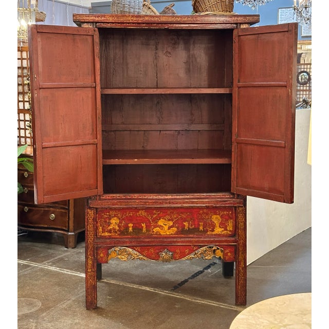 Large Chinoiserie Red Lacquered Cabinet or Armoire With Gilt Accents For Sale - Image 4 of 12