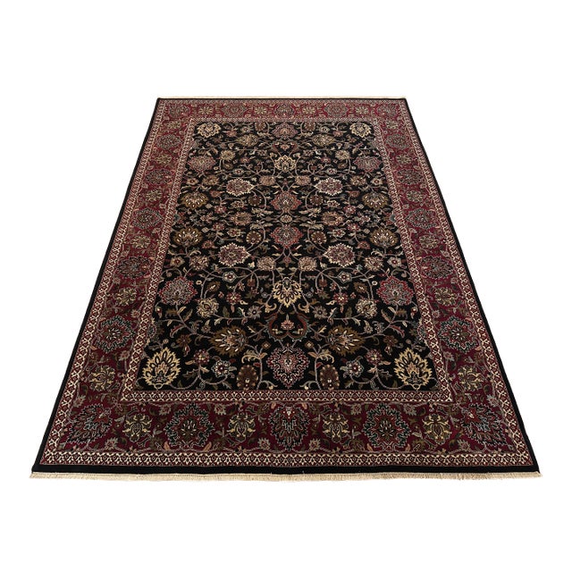 Kashan Hand-Knotted Persian Black Field With Deep Red Border Rug 9x12 For Sale