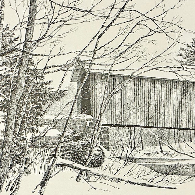 Mid-Century Americana Rustic Lithograph From Pencil Drawing, Covered Bridge Framed. For Sale - Image 13 of 13