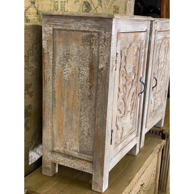 Pair Painted & Distressed Carved Cabinets with Shelf For Sale - Image 10 of 13