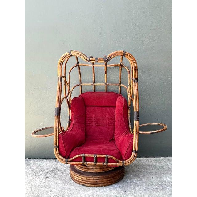 Vintage Bent Rattan Swivel Lounge Chair With Flip Down Side Tables For Sale - Image 10 of 12