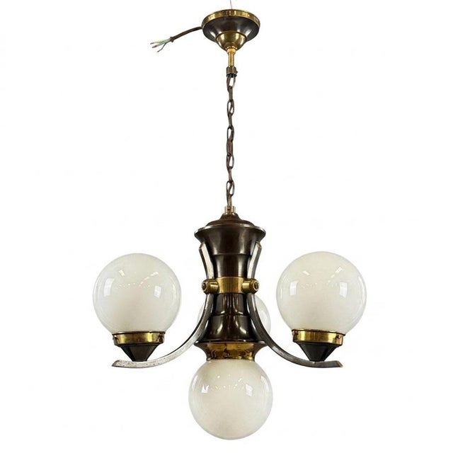 1930s Art Deco Brass Chandelier with Opaline Glass, 1930s For Sale - Image 5 of 5