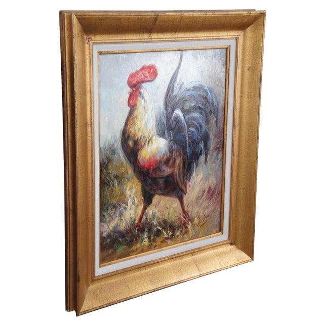 Large vintage Impressionist country farmhouse oil painting featuring a portrait of a Rooster / bird in a colorful spectrum...