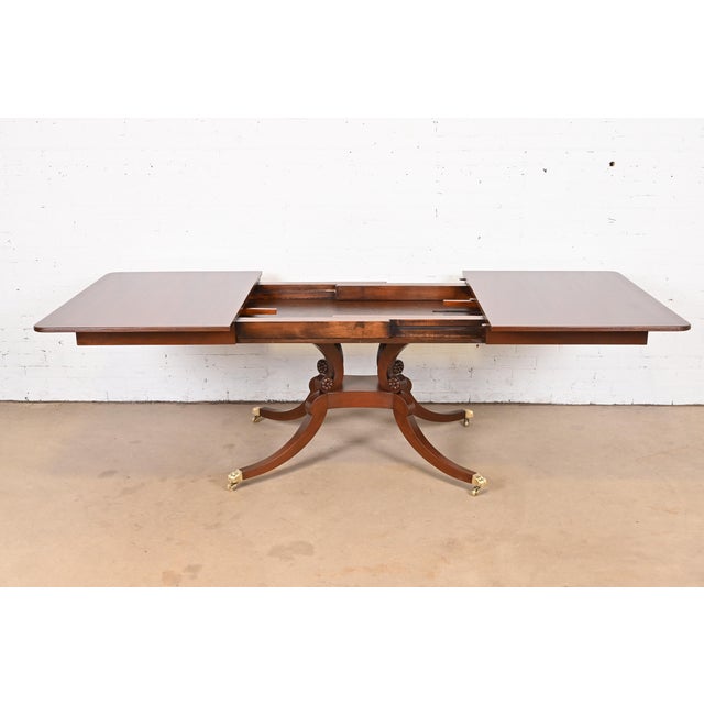 Brown Baker Furniture Style Georgian Banded Mahogany Pedestal Extension Dining Table, Newly Refinished For Sale - Image 8 of 12
