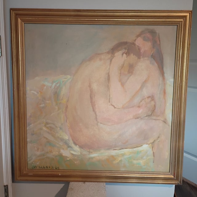 Wood 1968 Mid-Century Modern Impressionist Nude Couple Oil Painting by Jay Hannah For Sale - Image 7 of 7