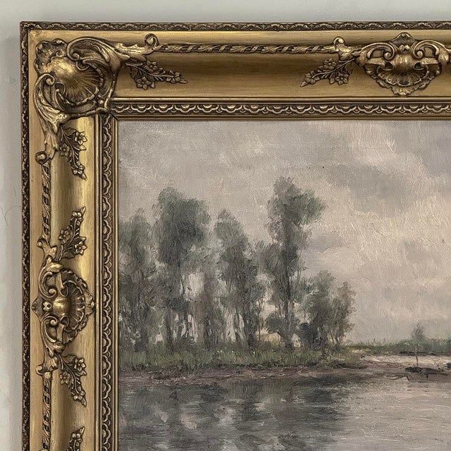 Wood 19th Century Belgian Oil on Canvas Painting of Riverboats by Romain Steppe in Original Gilt Frame For Sale - Image 7 of 16