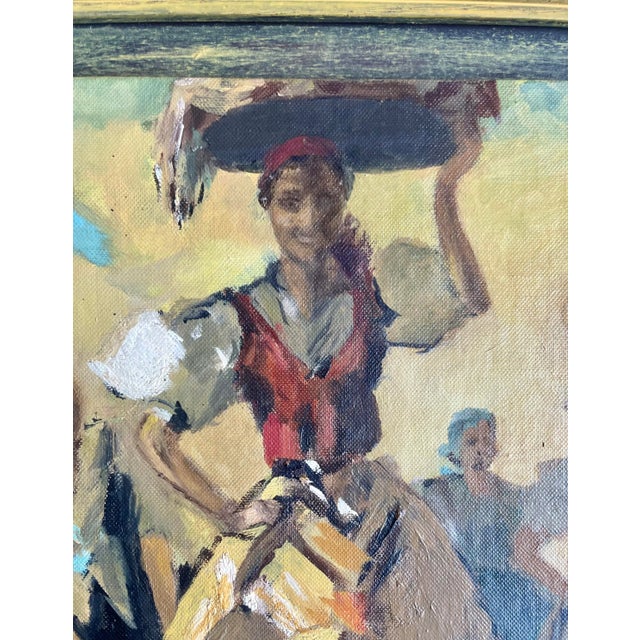 Richly colored and having such great depth, this 1960s oil on board depicts Italian women at work and bearing water jugs....