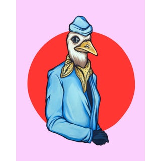Coffee by Kaitlin Ziesmer | Acryla gouache on paper featuring a bird in a blue outfit For Sale