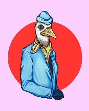 Coffee by Kaitlin Ziesmer | Acryla gouache on paper featuring a bird in a blue outfit