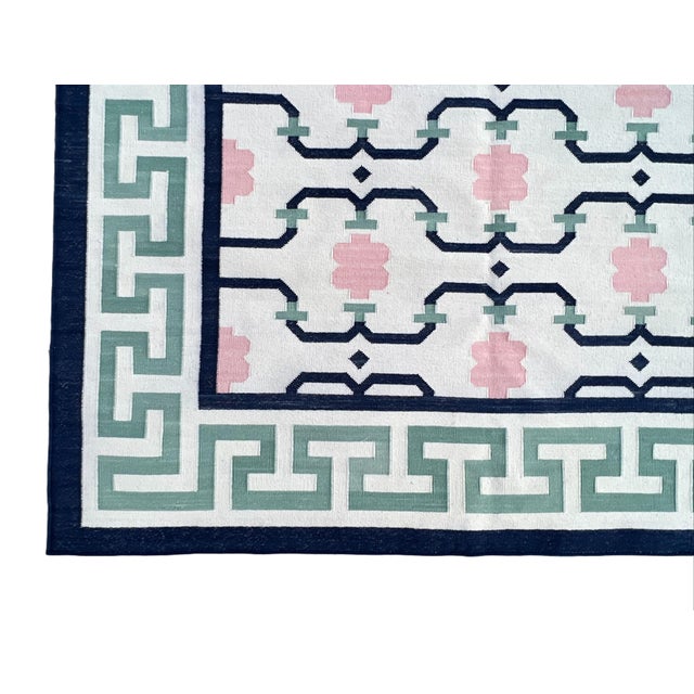 Not Yet Made - Made To Order Handmade Cotton Area Rug Cream, Green, Pink & Navy Blue Bordered Geometric Dhurrie - 10'x14' For Sale - Image 10 of 11