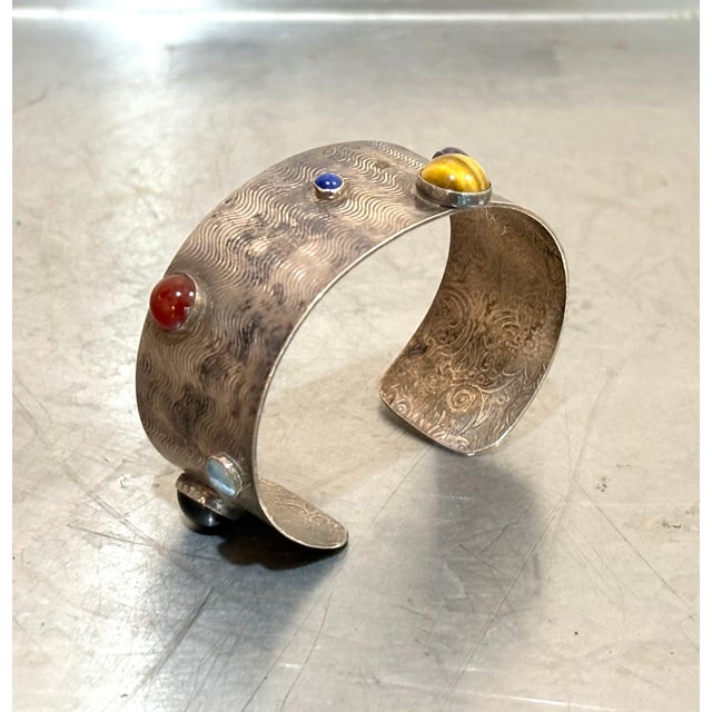 Native American Silver With Tiger's Eye, Turquoise, Jade, Lapis & Onyx Cuff Bracelet For Sale - Image 3 of 4