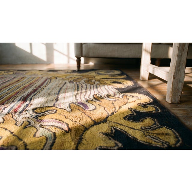 1920s Ivory Brown Floral Folk Art Antique American Hooked Rug 3'8" X 4'0" Handknotted Wool Carpet For Sale In New York - Image 6 of 8