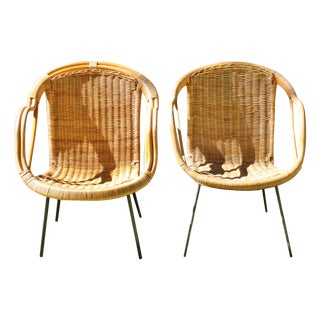 Mid-Century Wicker Shell Chairs - A Pair For Sale