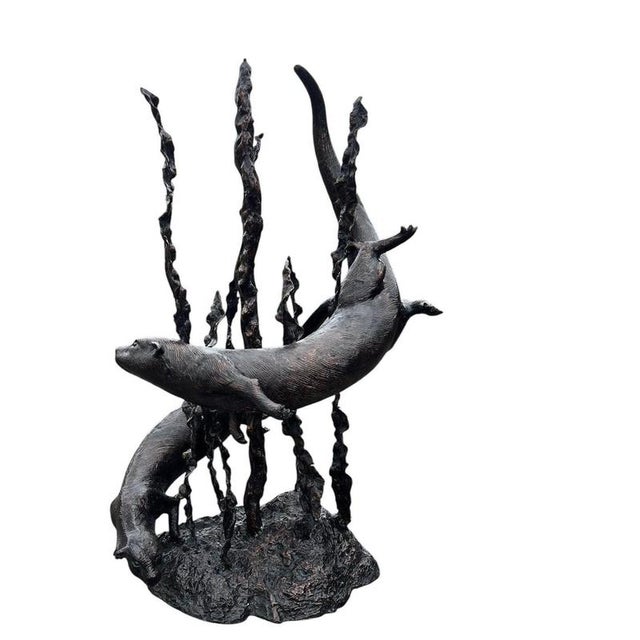 Bronzed Metal Swimming Otters in Kelp Garden Fountain Sculpture For Sale - Image 10 of 16