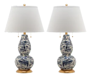 Contemporary 28 Inch H Glass Table Lamp in Navy & White - a Pair