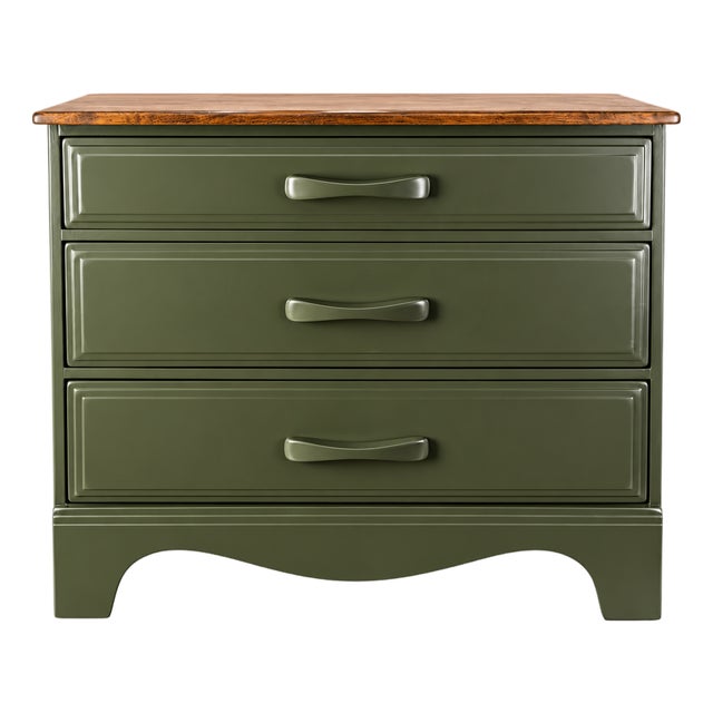 Vintage Cushman Maple 3-Drawer Dresser – Olive Green & Walnut Finish For Sale