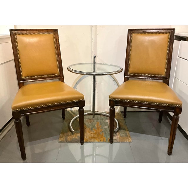 A Pair of Ralph Lauren French Louis XVI Painted Accent Chairs Mustard Yellow Leather with Nailhead Trim.