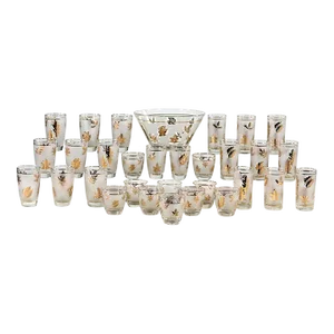 Mid-20th Century MCM to Hollywood Regency Libbey Frosted Golden Foliage Pattern 31 Piece Glassware Set & Bowl