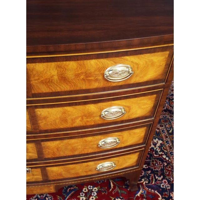 1990s Henkel Harris Mahogany & Flame Birch Inlaid Rogers Bowfront Dresser Chest For Sale - Image 17 of 17